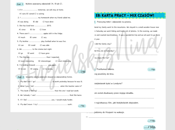 E8: MIX CZASÓW - powtórkowa karta pracy - gramatyka - słownictwo - wpisywanie w luki - czytanie ze zrozumieniem - tłumaczenie zdań - egzamin ósmoklasisty