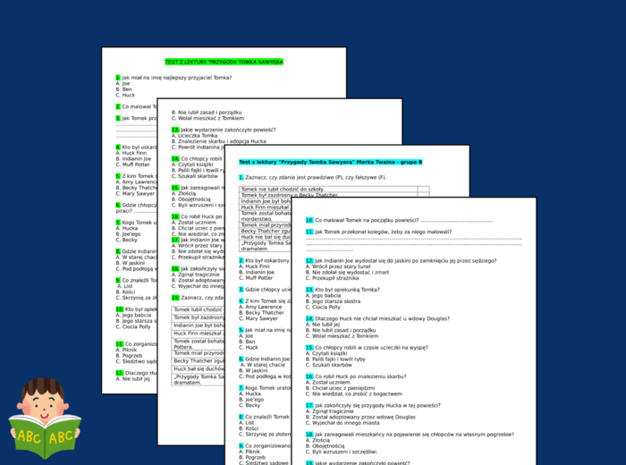 "PRZYGODY TOMKA SAWYERA" – lektury – sprawdzian – kartkówka - 2 grupy + ODPOWIEDZI
