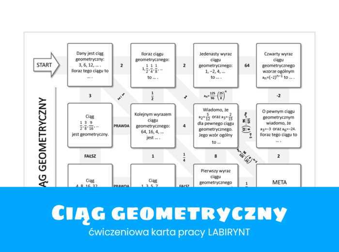 Matematyka. Klasa 1. Klasa 2. Klasa 3. Klasa 4. Ciąg geometryczny. Ćwiczeniowa karta pracy. Labirynt. Liceum. Technikum. Szkoła ponadpodstawowa.