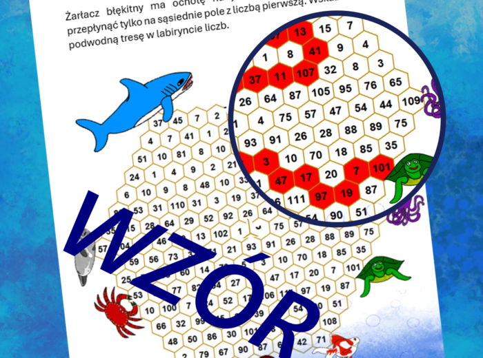 (klasa 5 klasa 6) Zastosowanie cech podzielności przez 3 oraz 9 lub 4 oraz rozpoznawanie liczb pierwszych i złożonych - 3 karty pracy z rekinem.