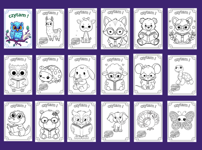 Czytam! - DZIEŃ KSIĄŻKI – Dzień Zwierząt - Galeria – kolorowanka – kolorowanki – biblioteka – świetlica – przedszkole – 35 wersji