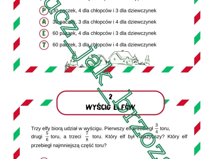 Stacje zadaniowe, mikołaj, boże narodzenie, szyfr, klasa 5, liczby naturalne i ułamki zwykłe