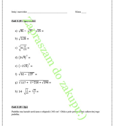 Pierwiastek kwadratowy i sześcienny - kartkówka.