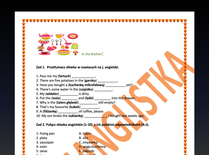 In the kitchen - ćwiczenia związane z kuchnią i gotowaniem+ klucz