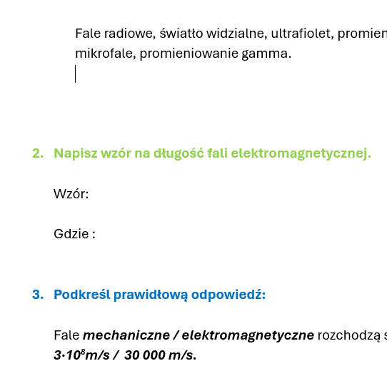 Fale elektromagnetyczne. Karta pracy/kartkówka.