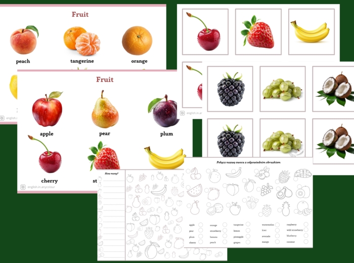 Angielski– Materiały z zakresu leksykalnego Owoce: słownik obrazkowy, Memory, 2 ćwiczenia