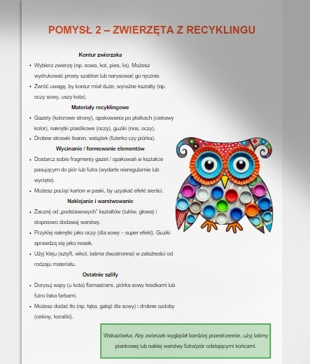 Wyklejanie z materiałów odpadowych. Drzewo z gazet. Sowa z nakrętek. Mandala