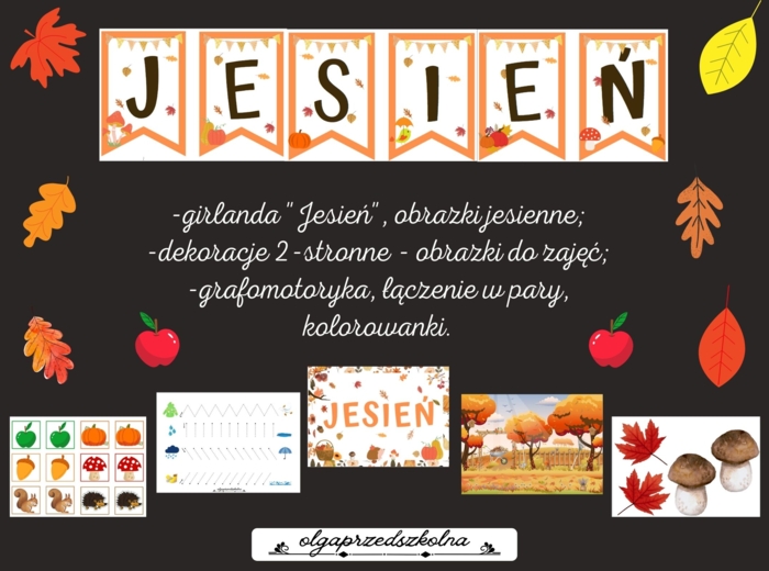Jesień - girlanda, ilustracje, karty pracy, kolorowanki.