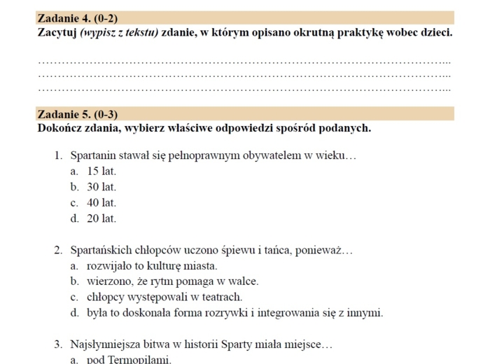 Historia - czytanie ze zrozumieniem "Spartańskie wychowanie"