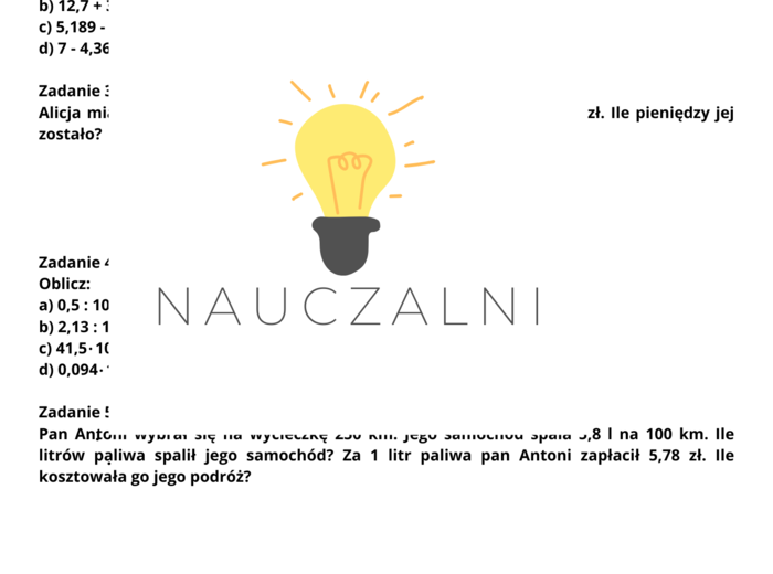 Karta pracy sprawdzian ułamki dziesiętne klasa 5