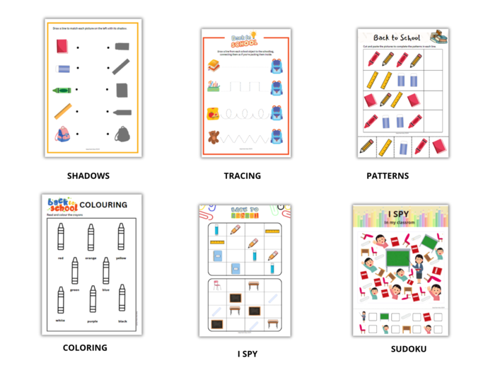 Back to school - school supplies - zestaw 6 kart pracy na początek roku szkolnego, przybory szkolne, wyposażenie klasy, karty obrazkowe, sudoku, I spy, przedszkole, zerówka. worksheets, very young learners, ESL, EFL