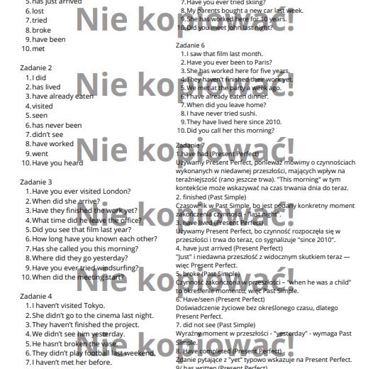 Karta Pracy Past Simple & Present Perfect B1/B2