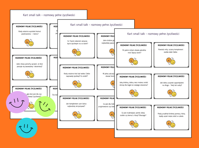 ⭐Dzień Życzliwości i Pozdrowień - Dzień Uśmiechu - Karty small talk - 60 szt. - TUS - zajęcia z wychowawcą – biblioteka – język polski