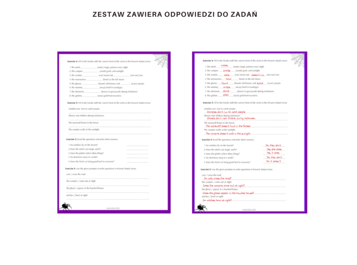 Spooky Sentences: Present Simple Worksheets Halloween Edition Arkusz ćwiczeń Karty pracy na ćwiczenie czasu Present Simple dla klasy 5 Motyw Halloween Dodatkowo Gra Memory