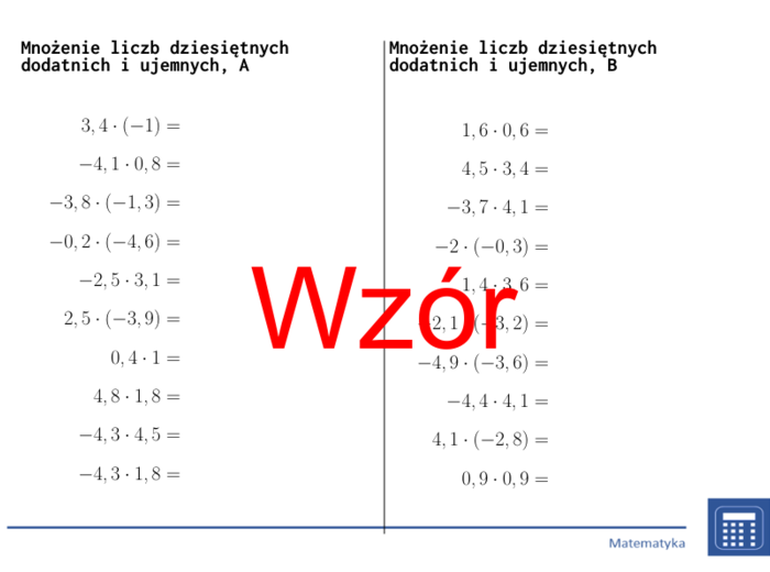 Mnożenie liczb dziesiętnych dodatnich i ujemnych | matematyka | 26 kolumn