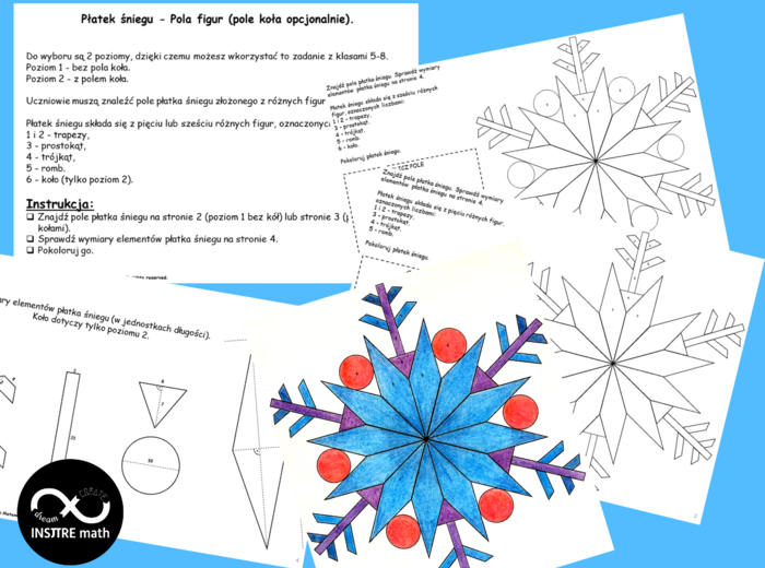 Płatek śniegu - Pola figur, pola wielokątów (prostokąt, trójkąt, trapez, romb). Projekt Math & Art.