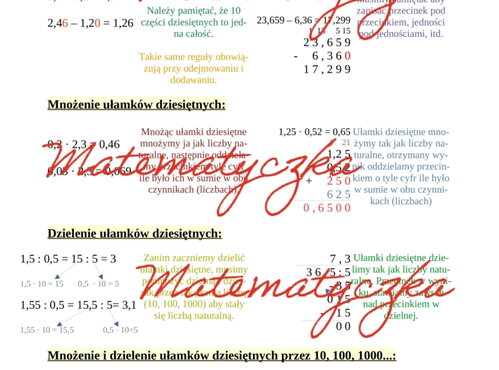 Ułamki dziesiętne - dodawanie, odejmowanie, mnożenie i dzielenie - plakat z wyjaśnieniem