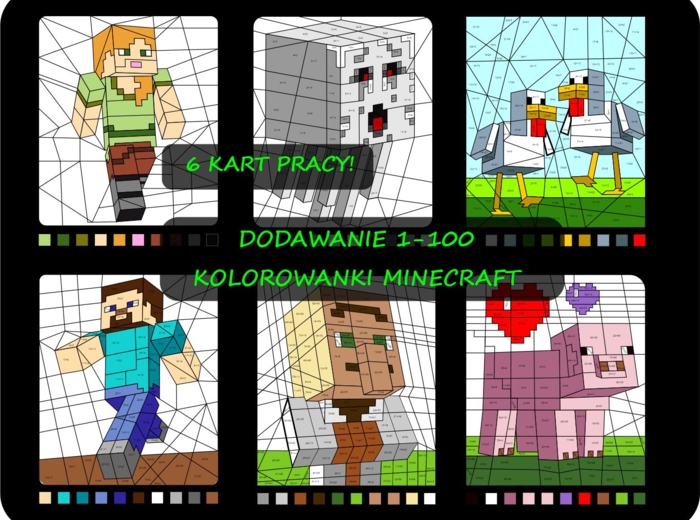 Zestaw dla fanów Minecrafta: Dodawanie liczb dwucyfrowych, kolorowanka matematyczna, pokoloruj według wyników dodawania 1-100, Minecraft