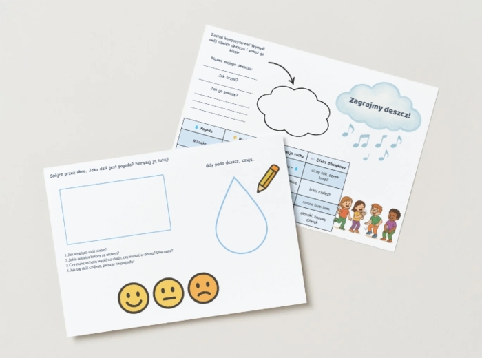 Temat zajęć: "Co robić, gdy pada deszcz?" – rozmowy o pogodzie i emocjach z nią związanych.