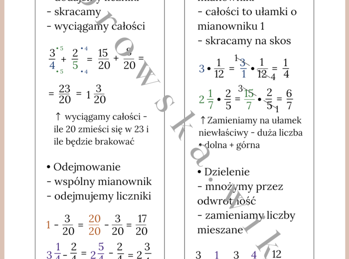 Zakładki matematyczne - ułamki zwykłe