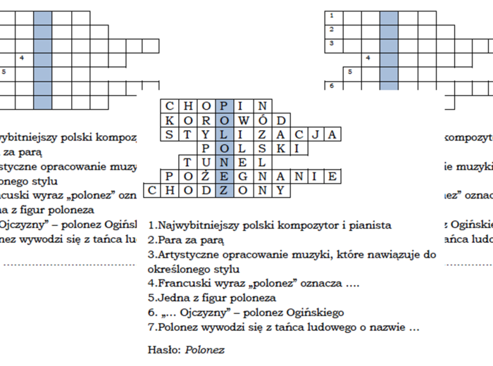 Logogryf dla klasy 7 na podsumowanie lekcji "Polonez. Opracowanie artystyczne muzyki ludowej"
