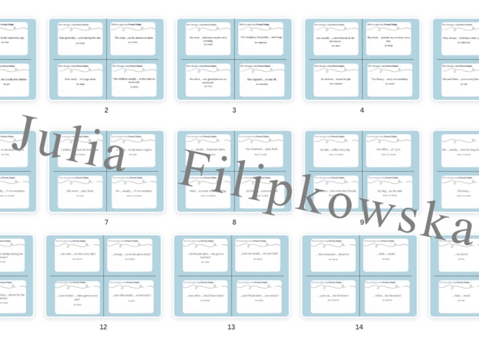 Present Simple/ Karty do mówienia/ Mówienie/ Speaking/ Zestaw/ Pakiet/ Konwersacje/ Klasy 4-8/ Klasy 4-6/ Klasy 6-8/ SP/ Warm-up/ Rozgrzewka/ Speaking cards/ Gramatyka/ Grammar/ Speaking cards grammar/ Grammar cards/ E8