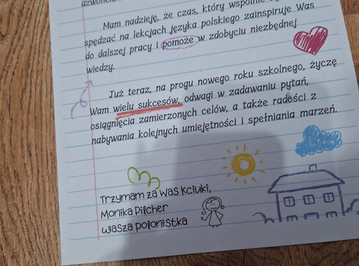 List polonistki do uczniów - początek roku szkolnego, gazetka, wklejka 2024