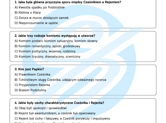 Test z lektury „Zemsta” | Fredro | Szkoła podstawowa | 15 pytań ABCD + Klucz + Skala ocen