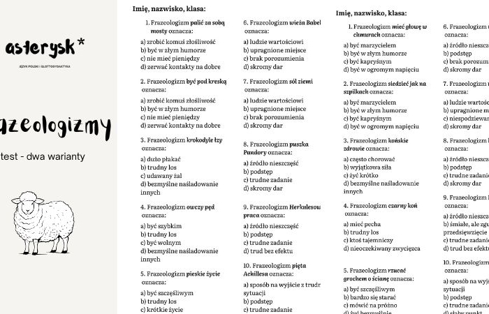Frazeologizmy - kartkówka (test), dwa warianty