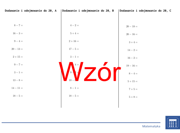 Dodawanie i odejmowanie do 20 | matematyka | 26 kolumn