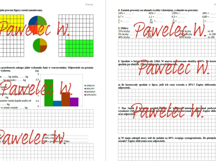 PROCENTY kl. 6 - karta pracy, sprawdzian - przykłady, zamiana, zadania tekstowe + odpowiedzi