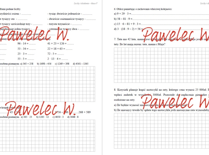LICZBY I DZIAŁANIA wersja A - sprawdzian z całego działu, kl. 5
