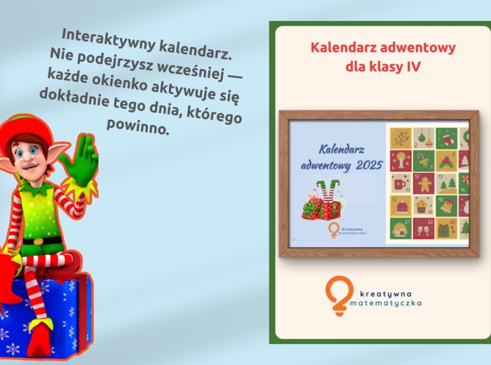 Matematyczny kalendarz adwentowy dla kl. 4. zajęcia wyrównawcze w kl. 5-7. Zajęcia rozwijające dla klay 3. Świąteczne zadanie na każdy dzień. Materiał cyfrowy. Nie drukujesz tylko wyświetlasz.