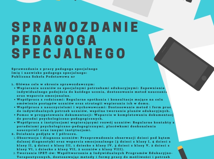 Sprawozdanie pedagoga specjalnego, szkoła podstawowa i ponadpodstawowa