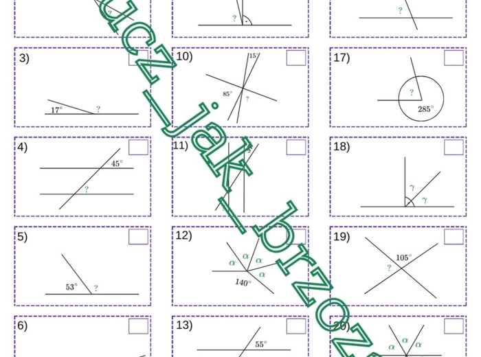 Własności kątów, kąty wierzchołkowe, przyległe, odpowiadające i naprzemianległe, karta pracy, dyktando grafomotoryczne, kodowanie, klasa 5