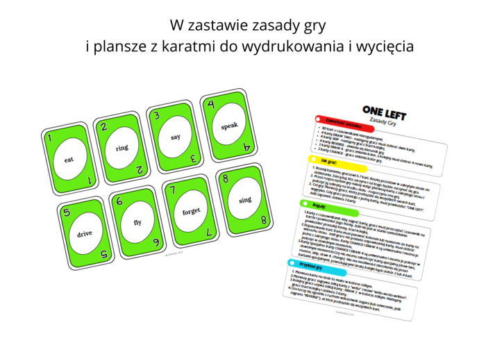 One Left - Gra karciana na znajomość czasowników nieregularnych, język angielski, irregular verbs, Past Simple, Present Perfect, Past Perfect