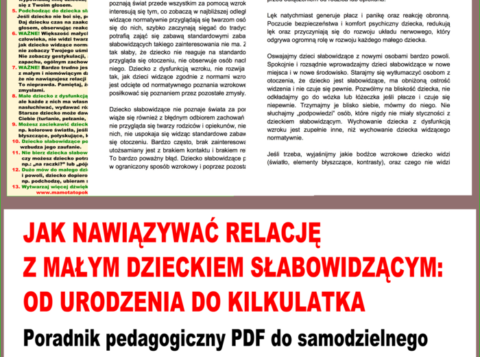 JAK NAWIĄZYWAĆ RELACJĘ Z MAŁYM DZIECKIEM SŁABOWIDZĄCYM: OD URODZENIA DO KILKULATKA. Poradnik PDF do samodzielnego wydruku.