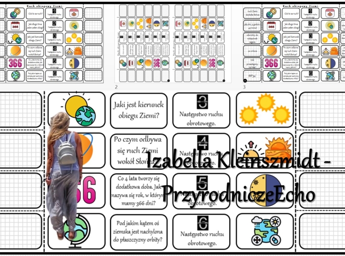Notatka okienkowa/stacja zadaniowe/notatka interaktywna/notatka graficzna/karta pracy/sketchnotka „Ruch obiegowy Ziemi” w pdf. Geografia 6 , dział „Ruchy Ziemi”. Materiał wykonany na podstawie podręcznika z wydawnictwa Nowa Era – nowość 2024/2025.
