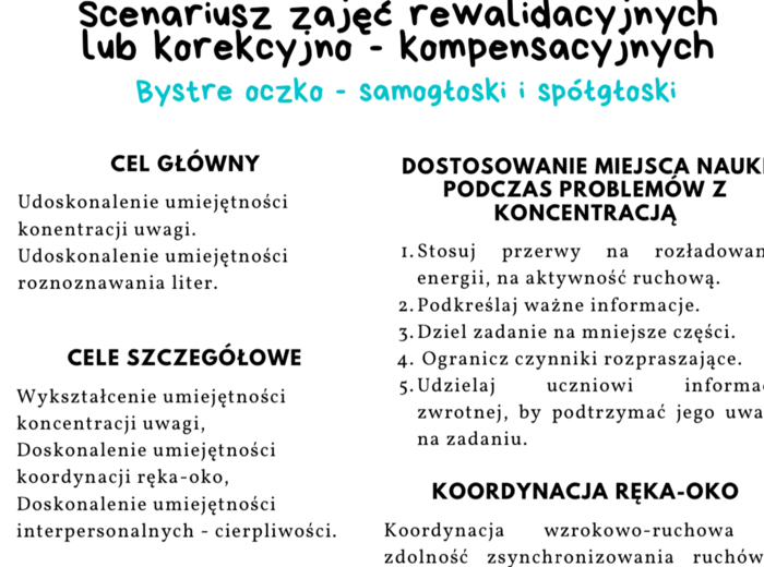 Scenariusz zajęć - bystre oczko. Rewalidacja lub zajęcia korekcyjno-kompensacyjne