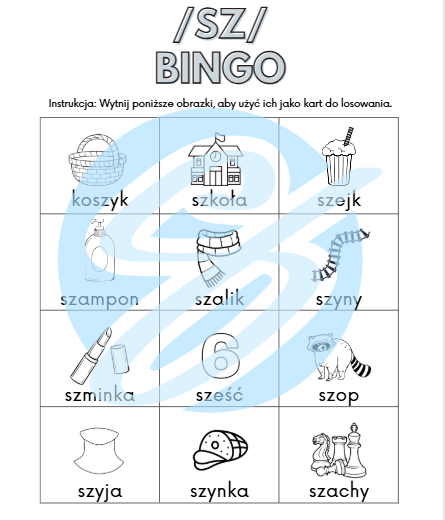 Logopedia Bingo do utrwalania głoski „sz” – materiały do terapii logopedycznej z kartą do kolorowania i losowania
