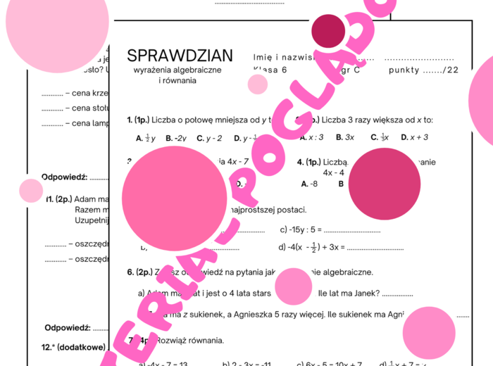 Sprawdzian. Wyrażenia algebraiczne. Równania. Klasa 6. GWO
