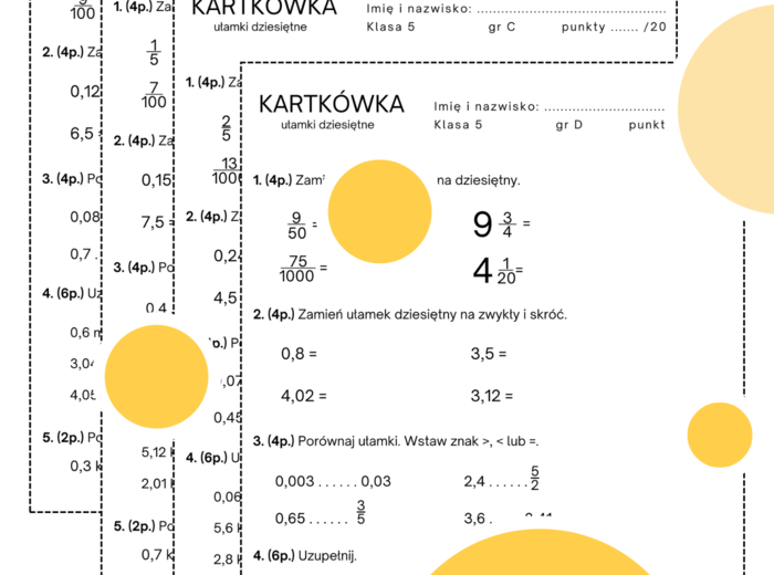 Kartkówka - ułamki dziesiętne. Zamiana ułamków. Porównywanie ułamków. Wyrażenia dwumianowane. Klasa 5