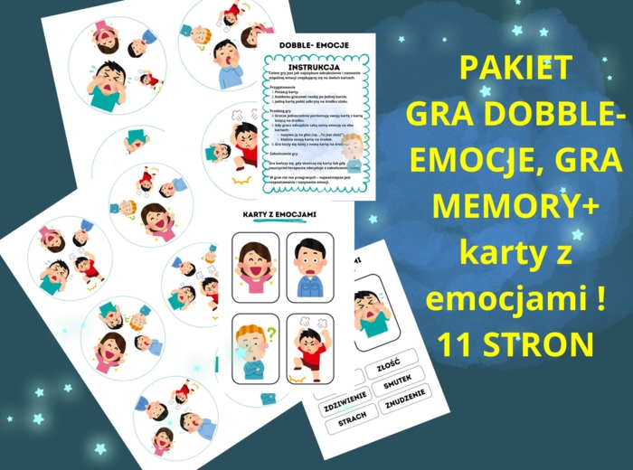 PAKIET EMOCJE: Gra Dobble- Emocje, Gra MEMORY-Emocje + karty z emocjami i podpisami 11 stron  TUS,TERAPIA, pedagog specjalny