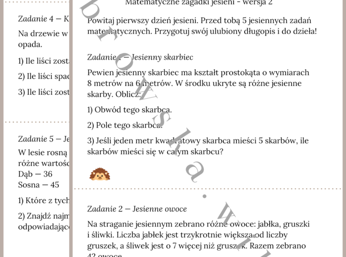Matematyczne zagadki jesieni - wersja 2 (trudniejsza)