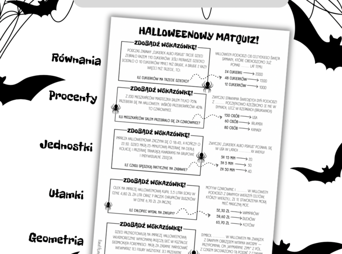 QUIZ matematyczny na HALLOWEEN / równania / ułamki / czas / geometria / procenty
