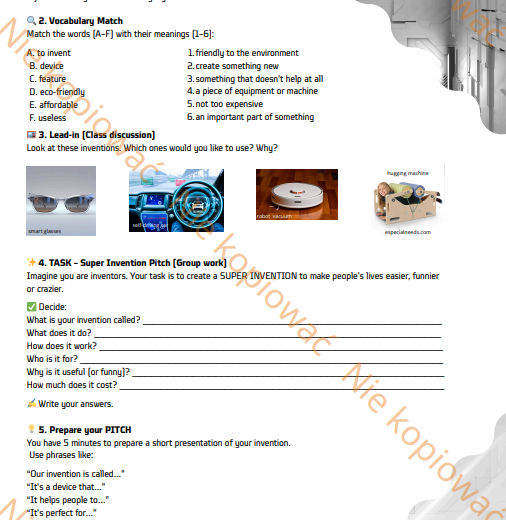 Karta Pracy Super invention pitch - will, might, could A2-B2