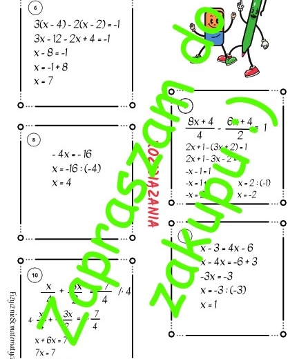 Równania pierwszego stopnia z jedną niewiadomą - karta pracy lub kartkówka z rozwiązaniami.