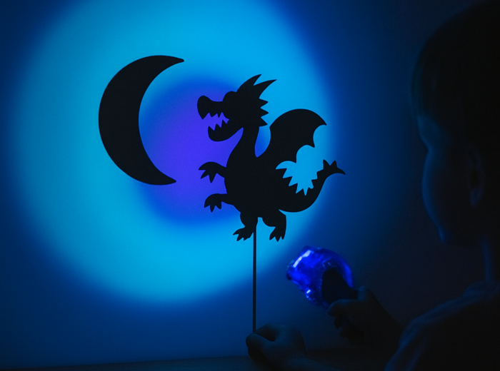 Teatrzyk cieni: własnoręcznie zrobione figurki z tektury, lampa, biała ściana.