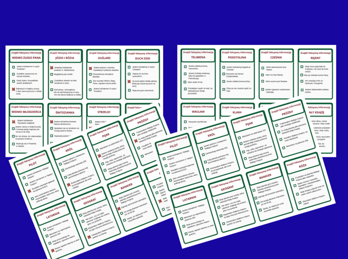 BOHATEROWIE lektur kl. 7-8 - ZNAJDŹ FAŁSZYWĄ INFORMACJĘ – fiszki - 80 szt. – powtórka – egzamin + odpowiedzi