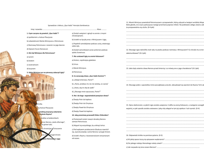 Sprawdzian do lektury "Quo Vadis" + klucz odpowiedzi
